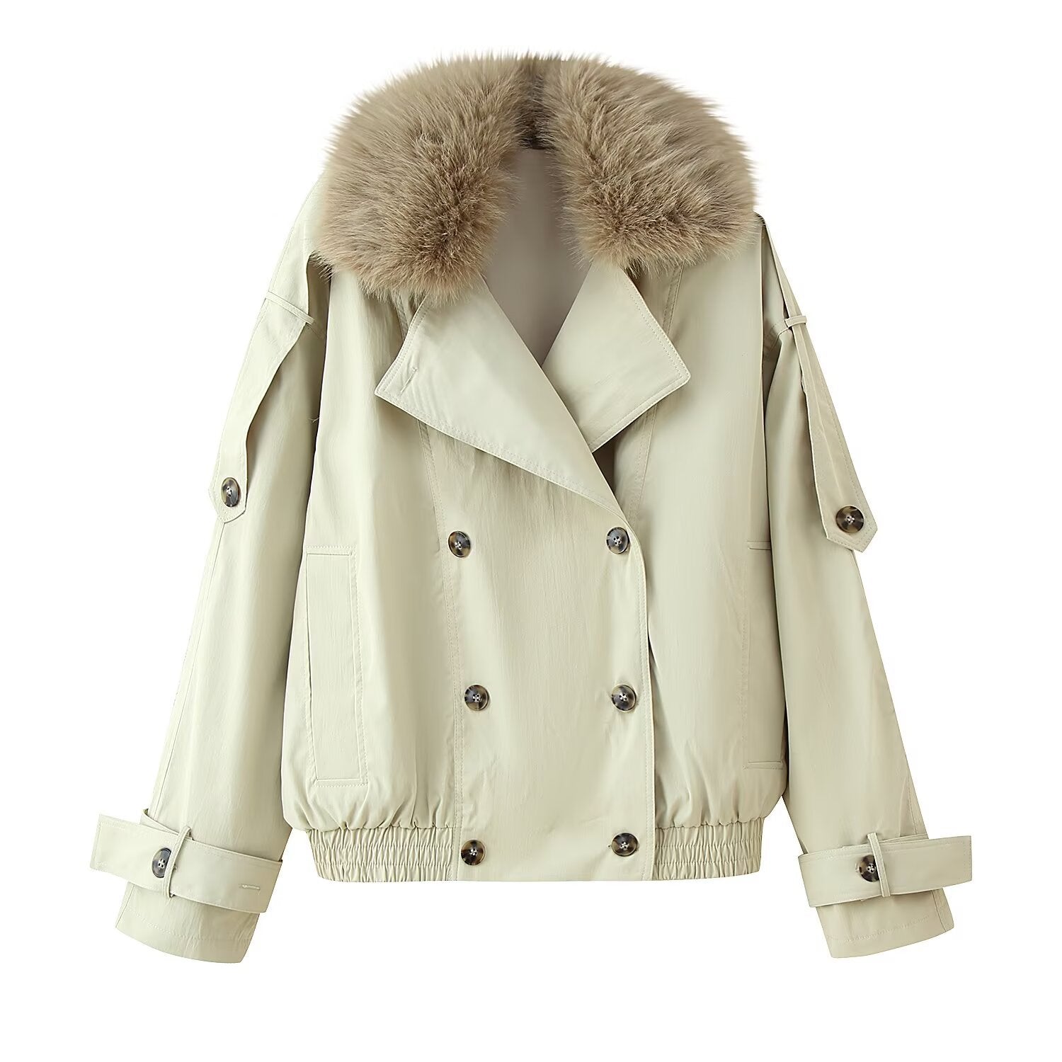 Women's double-breasted blouson with removable faux fur collar, waist drawstring and adjustable cuffs Chichicherry