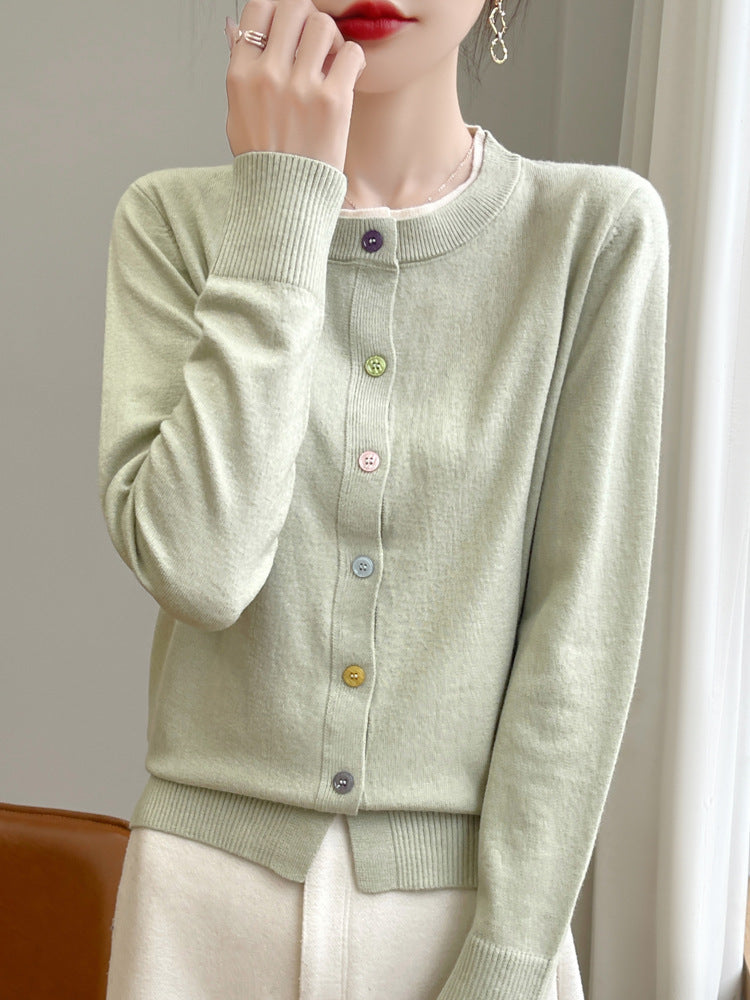 Women Lightweight Fine Knit Cardigan with Round Neckline and Colorful Buttons Chichicherry