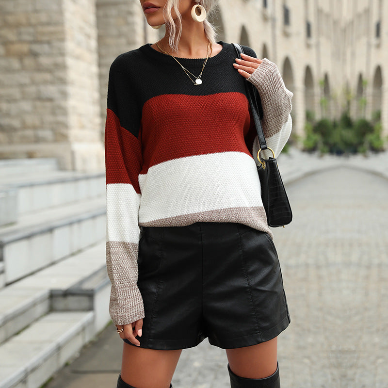Women's Casual Colorblock Waffle Knit Sweater in Oversized Cut with Extended Sleeve Cuff Chichicherry