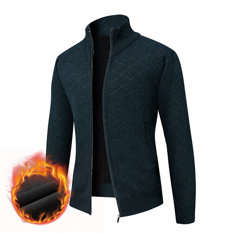 Men's Thermal Knit Jacket with Full Zip, Lined Stand-Up Collar and Geometric Structure Pattern Chichicherry