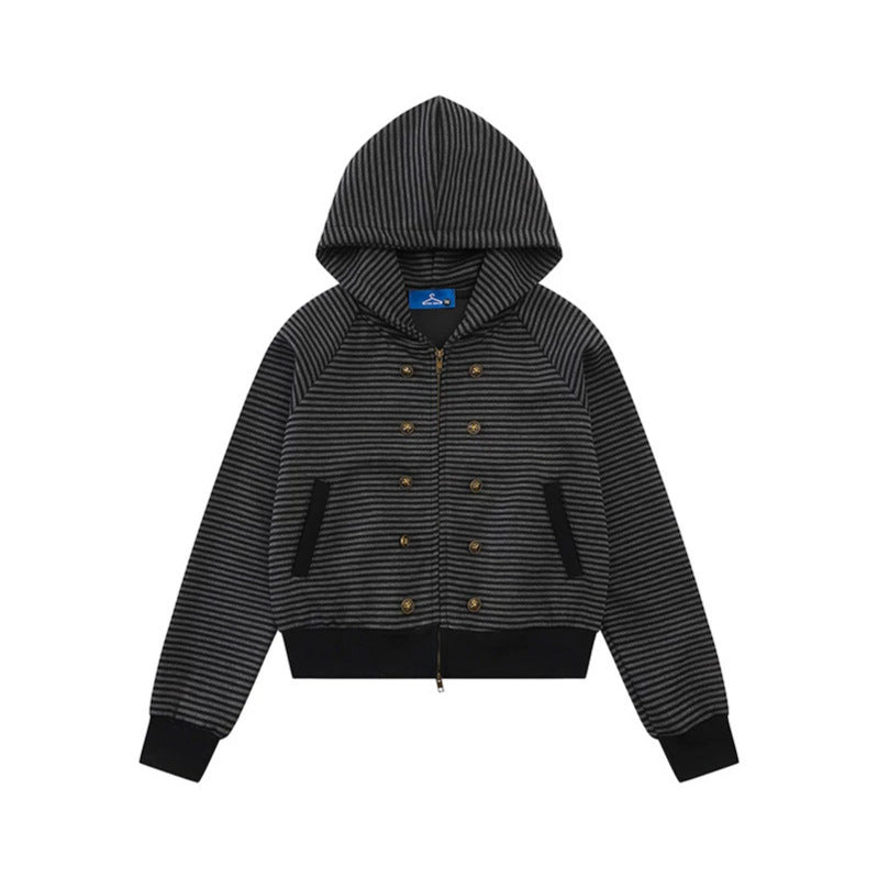 Women's striped hoodie sweatshirt jacket in navy look with double-breasted optics and front zipper Chichicherry