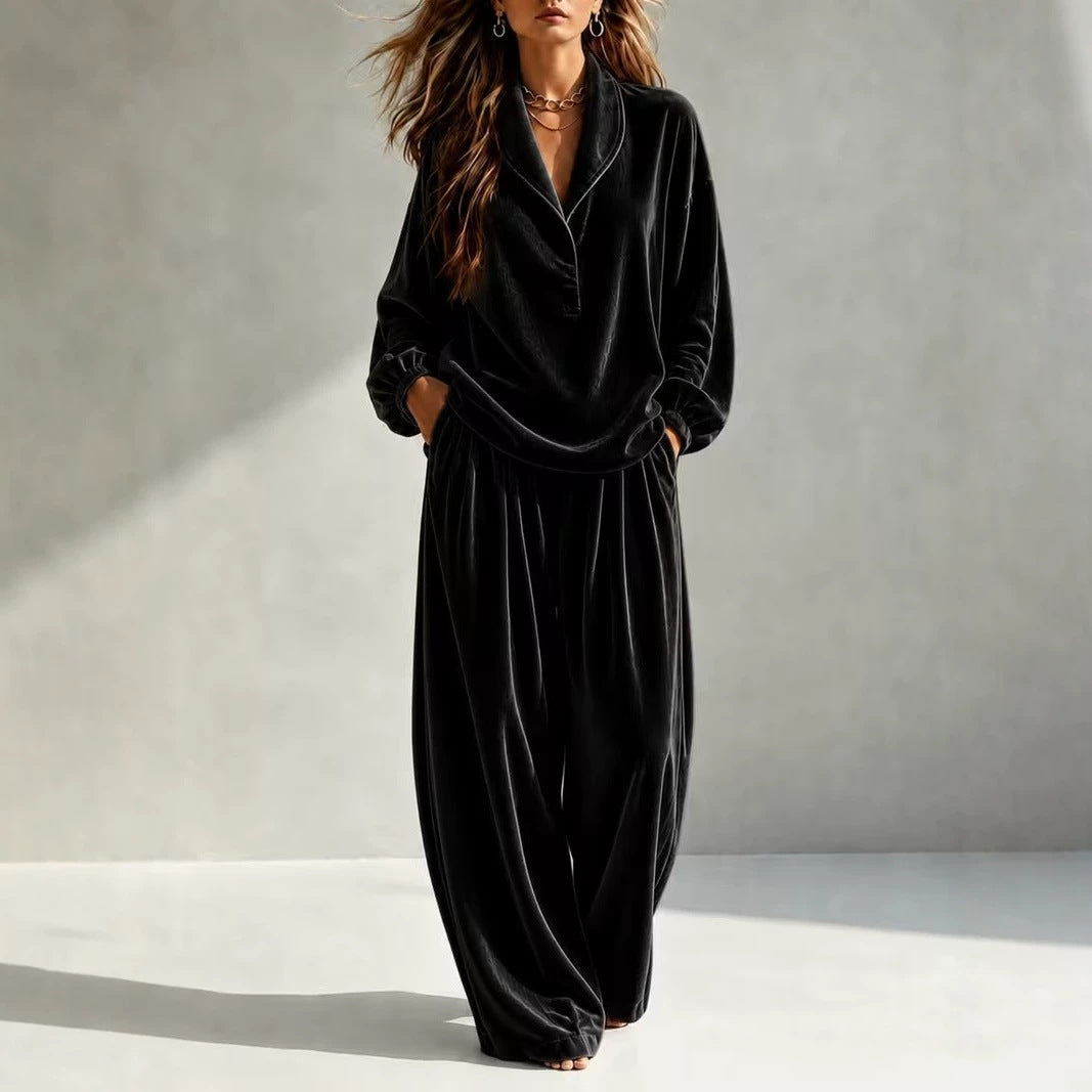 Damen Luxuriöses Velours-Loungewear-Set mit Schalkragen und weiter Palazzo-Hose Chichicherry
