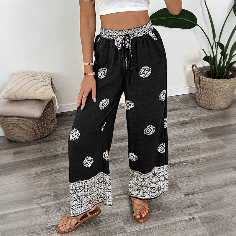 Women's Boho Print Palazzo Pants with Wide Leg, Elastic Drawstring Waistband and Side Pockets Chichicherry