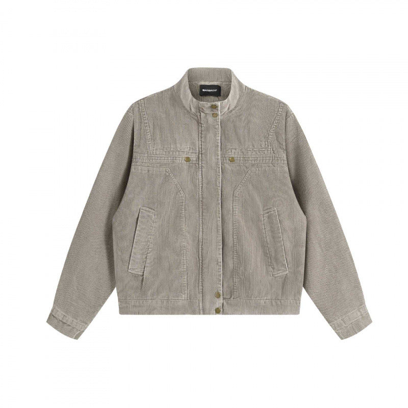 Unisex Cord-Boxy-Jacket with stand-up collar, hidden snap button placket and patch pockets Chichicherry