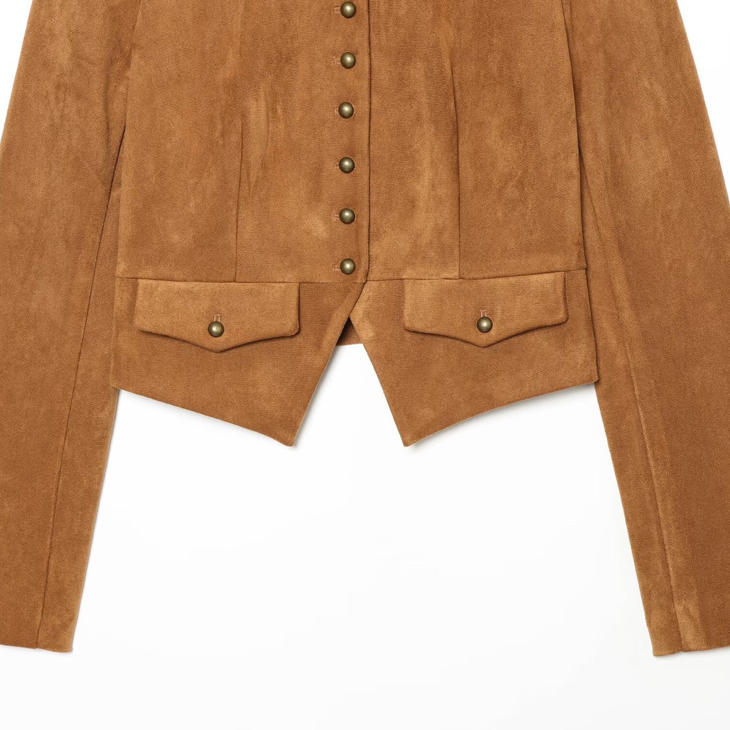 Women Short Jacket in Suede Look in Military Style with Stand-Up Collar and Asymmetrical Hem Chichicherry