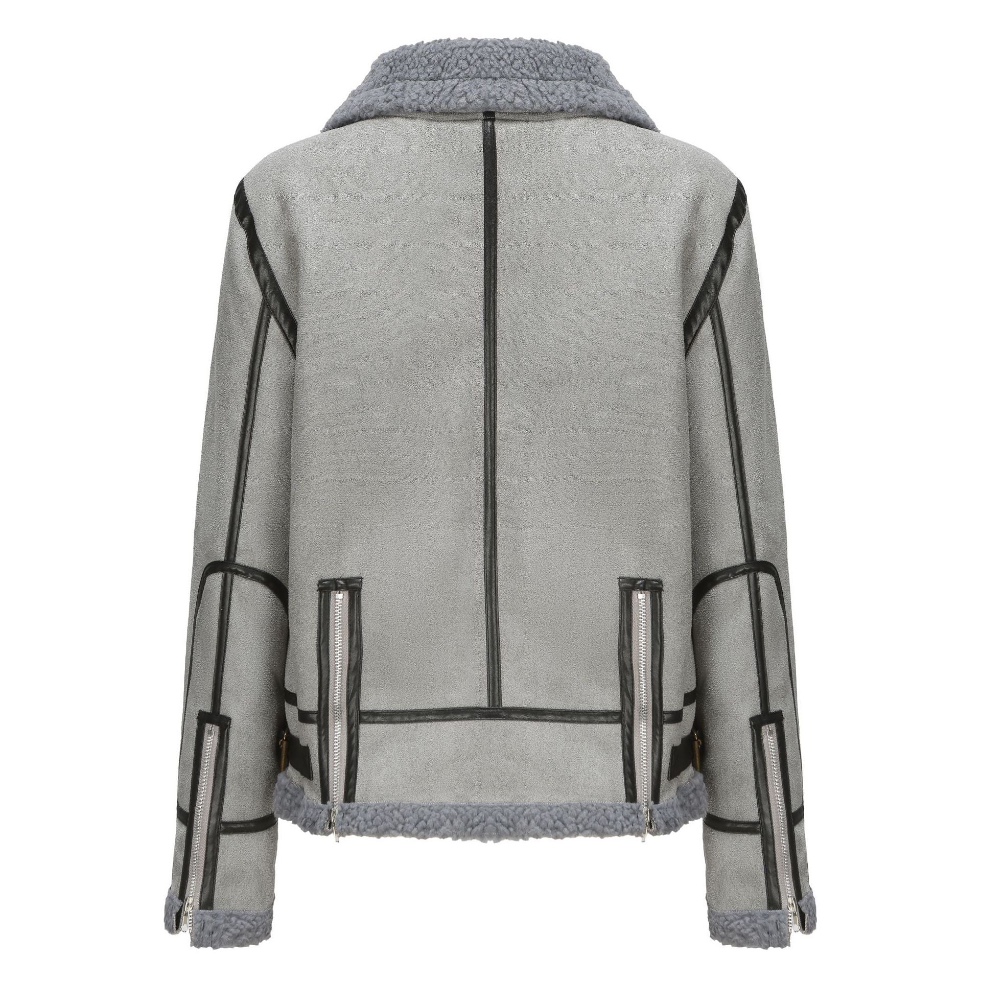 Women Short Cut Aviator Sheepskin Imitation Jacket with Teddy Lining and Faux Leather Trim Chichicherry