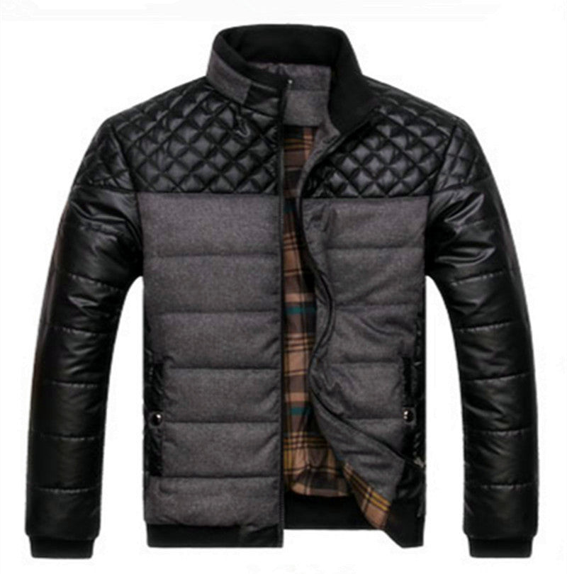 Men's quilted hybrid jacket with faux leather sleeves, high collar, and checked lining Chichicherry
