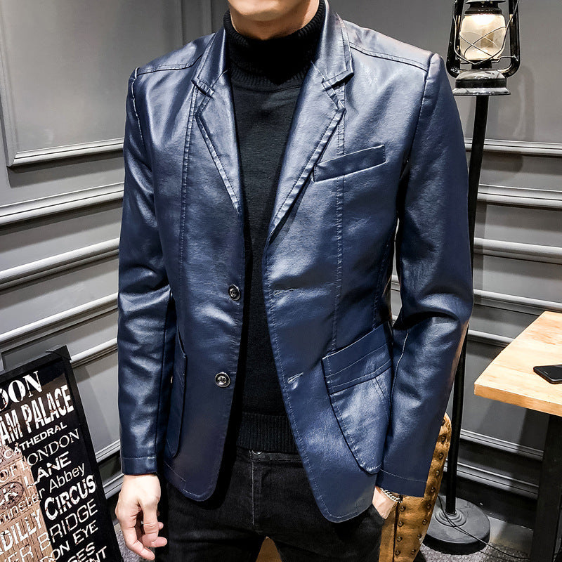 Men's Faux Leather Blazer in Slim Fit with Chest Pocket and Patch Pockets Chichicherry