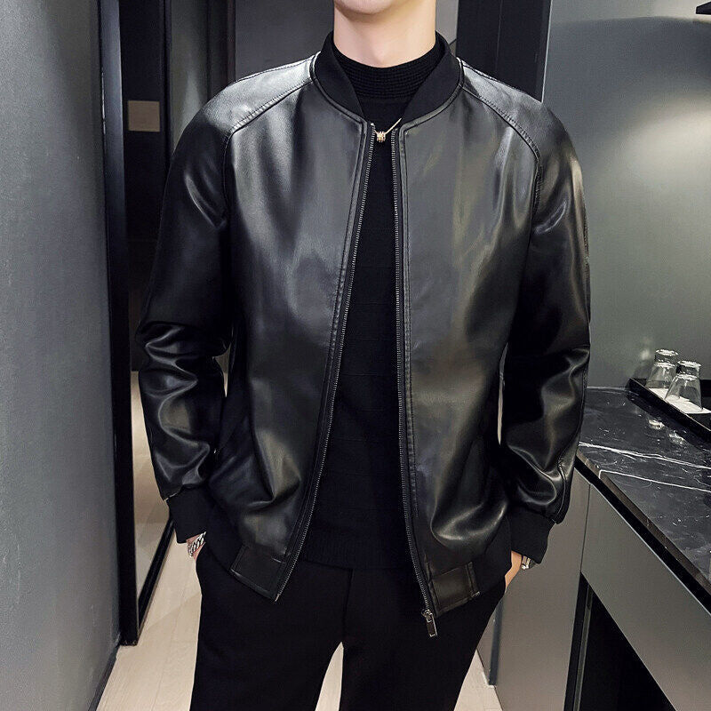 Men's Oversize Faux Leather Bomber Jacket with Raglan Sleeves, Zipper and Ribbed Cuffs Chichicherry
