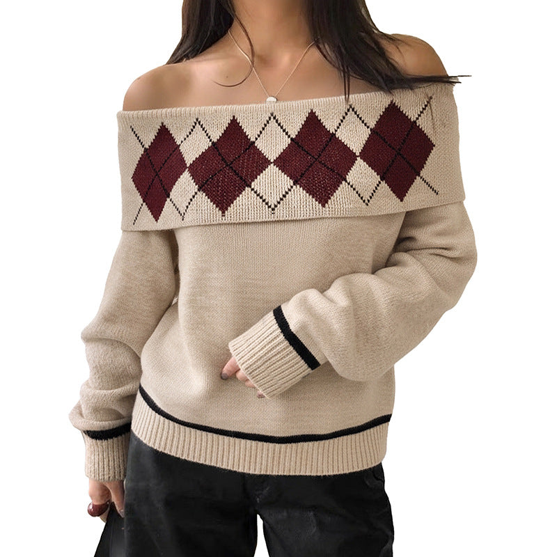 Women's Off-The-Shoulder Oversized Knit Sweater with Folded Collar and Diamond Pattern