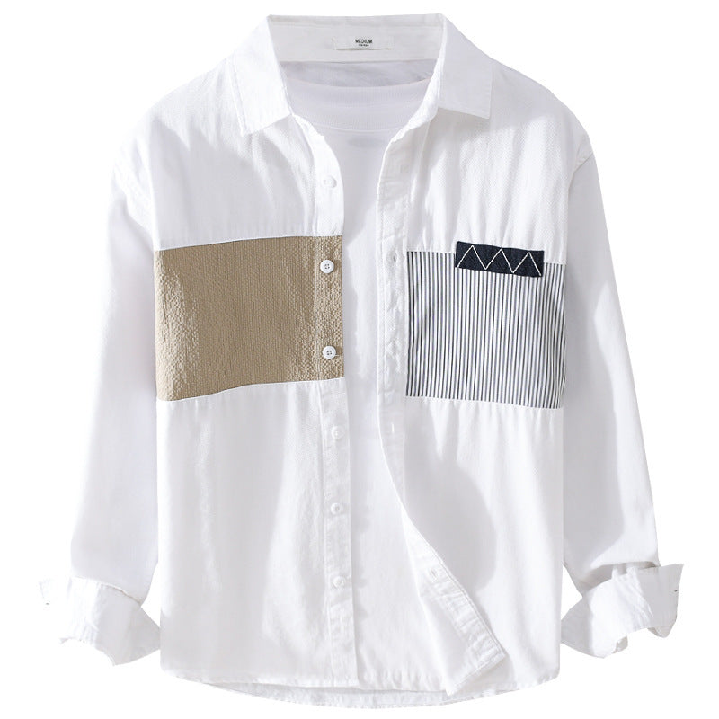 Men's Long-Sleeve Cotton Shirt with Contrasting Patch Details and Chest Pocket Chichicherry