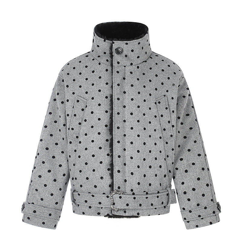 Women's Short Cut Quilted Jacket with Stand-up Collar and Waist Belt Chichicherry
