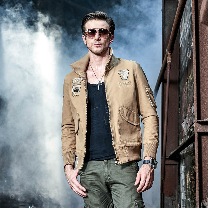Men's Aviator Canvas Blouson with Embroidered Patches, Stand Collar and Multi-Functional Flap Pockets Chichicherry