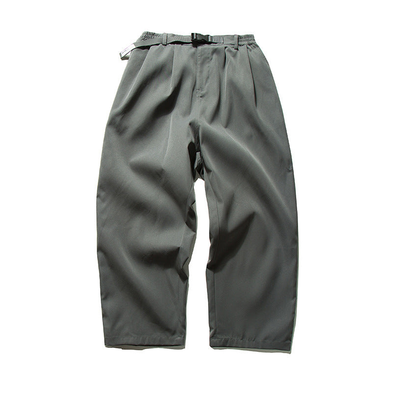 Men's Wide Cut Relaxed Pants with Elastic Waistband, Pleats and Integrated Woven Belt Chichicherry