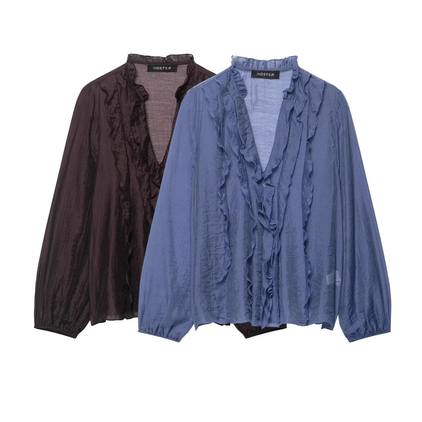 Ladies Transparent Crinkle Blouse with Ruffle Collar, Ruffled Front and Balloon Sleeves Chichicherry