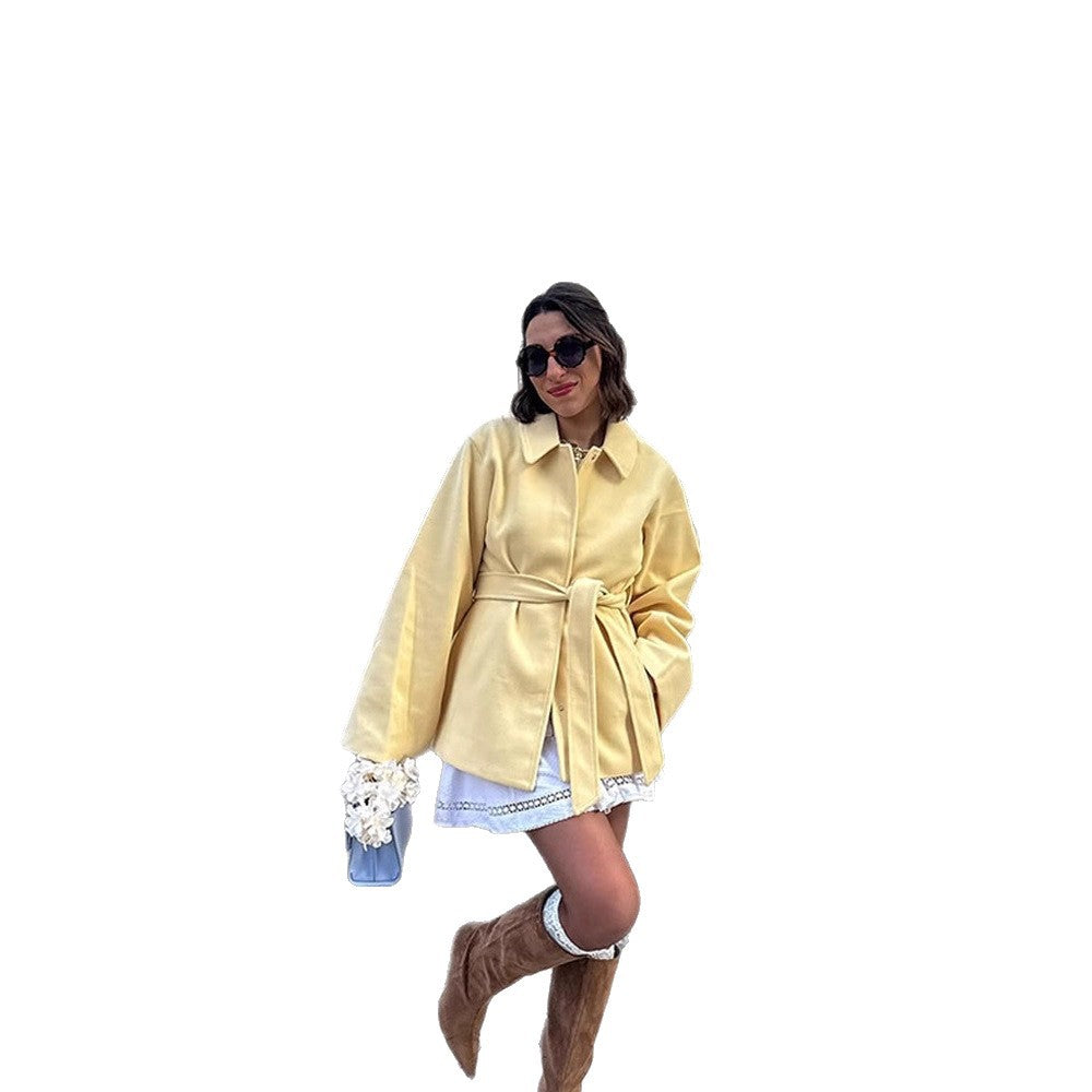 Women's short coat with tie belt, boxy oversized silhouette and wide sleeves Chichicherry