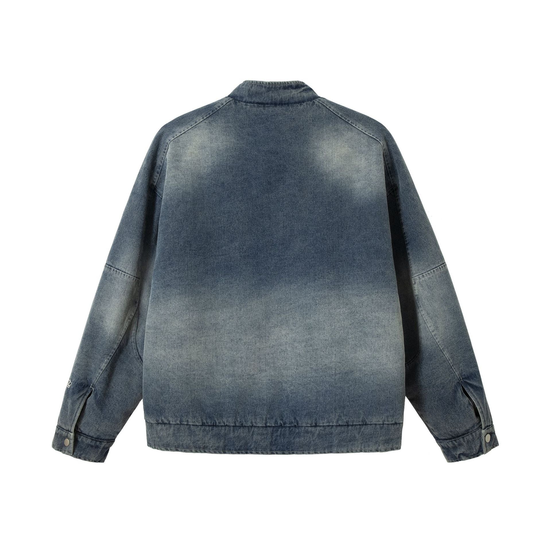 Men's jeans bomber jacket with vintage wash, patch detail and stand-up collar Chichicherry