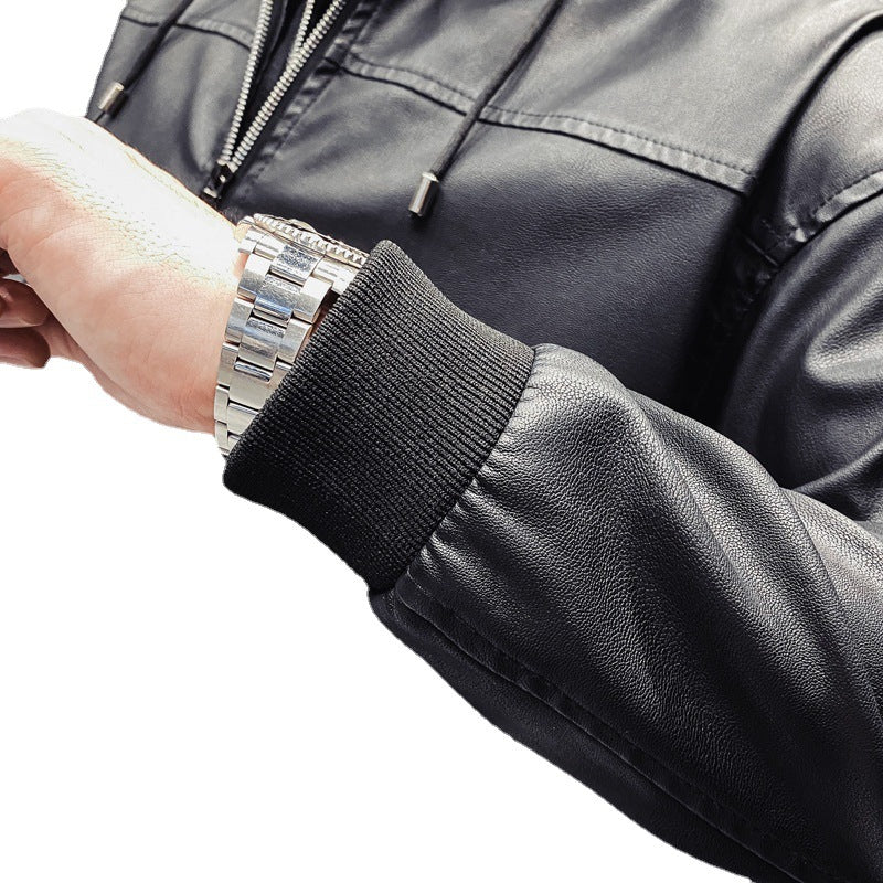 Men's Faux Leather Bomber Jacket with Hood Liner and Ribbed Cuffs Chichicherry