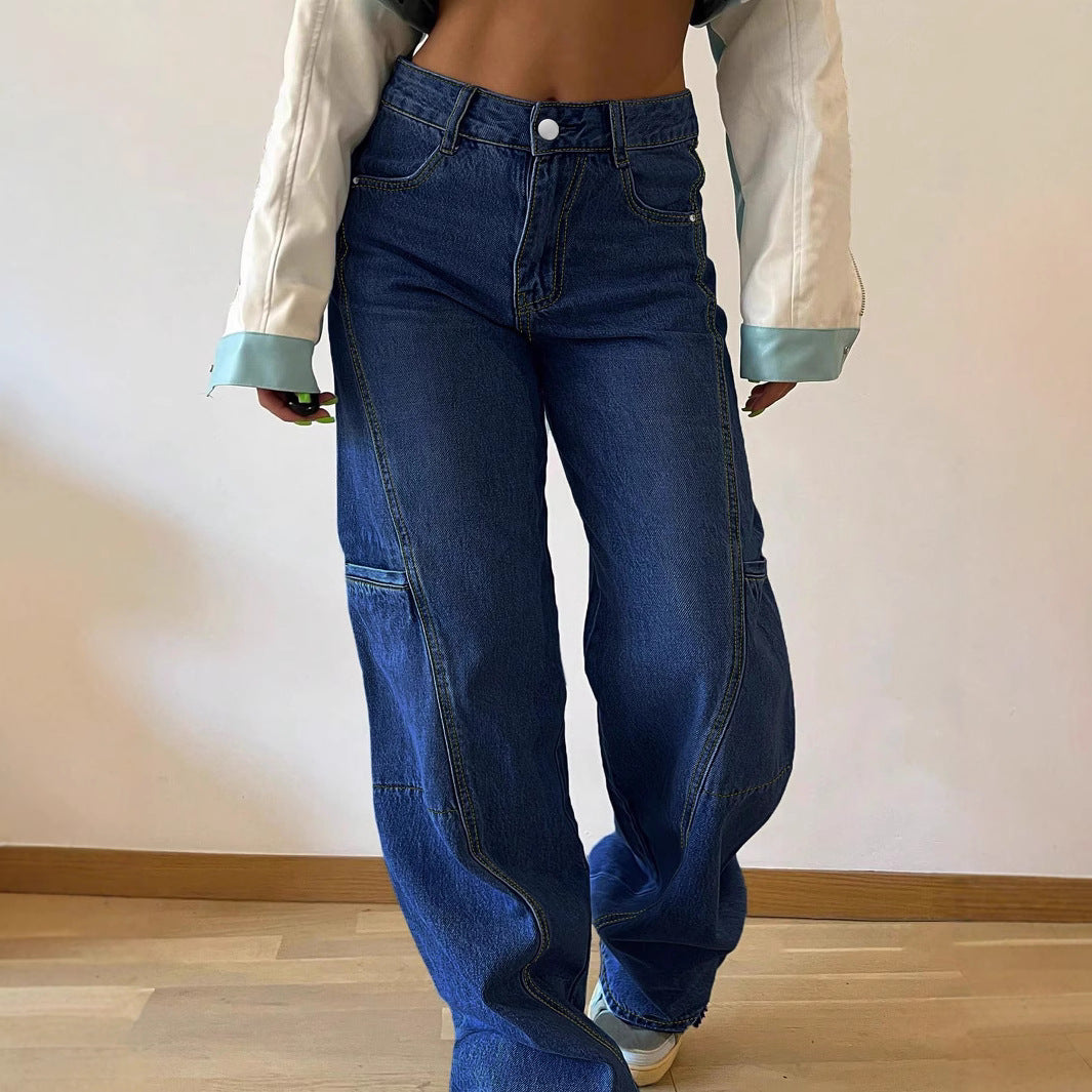 Women High-waisted wide jeans pants with prominent seam panels and utility knee inserts Chichicherry