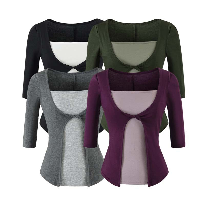 Women Layered Look Shirt with Knot Front, Three-Quarter Sleeves and Integrated Under Top Chichicherry