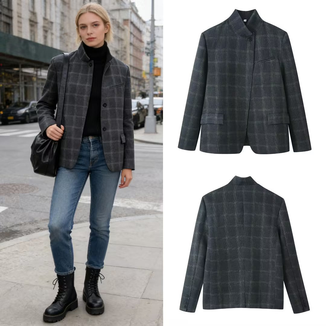 Women's box blazer with stand-up collar, asymmetric single-button placket and fine checked pattern Chichicherry