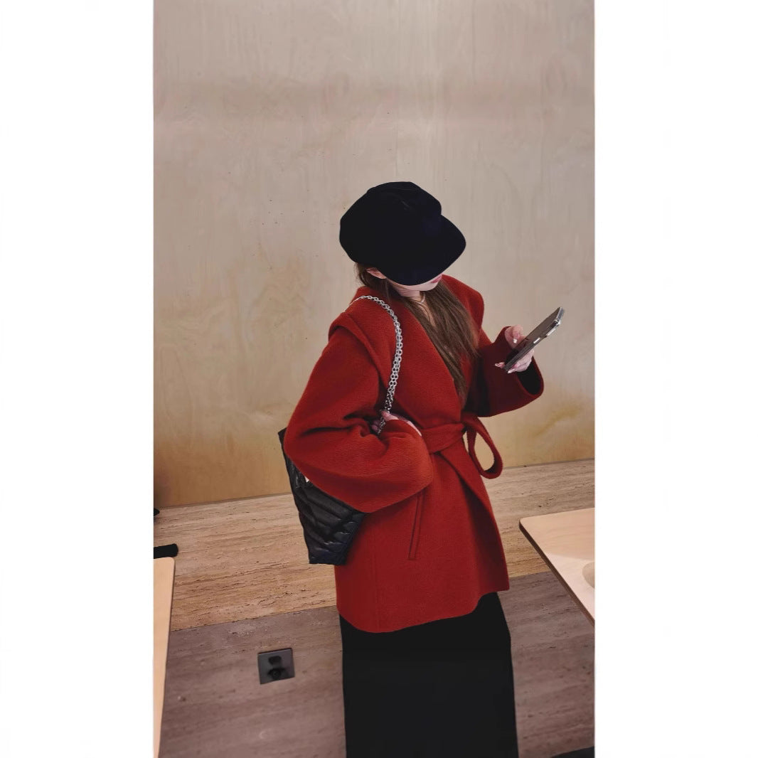 Women's Oversized Wool Coat with Hood and Waist Belt Chichicherry