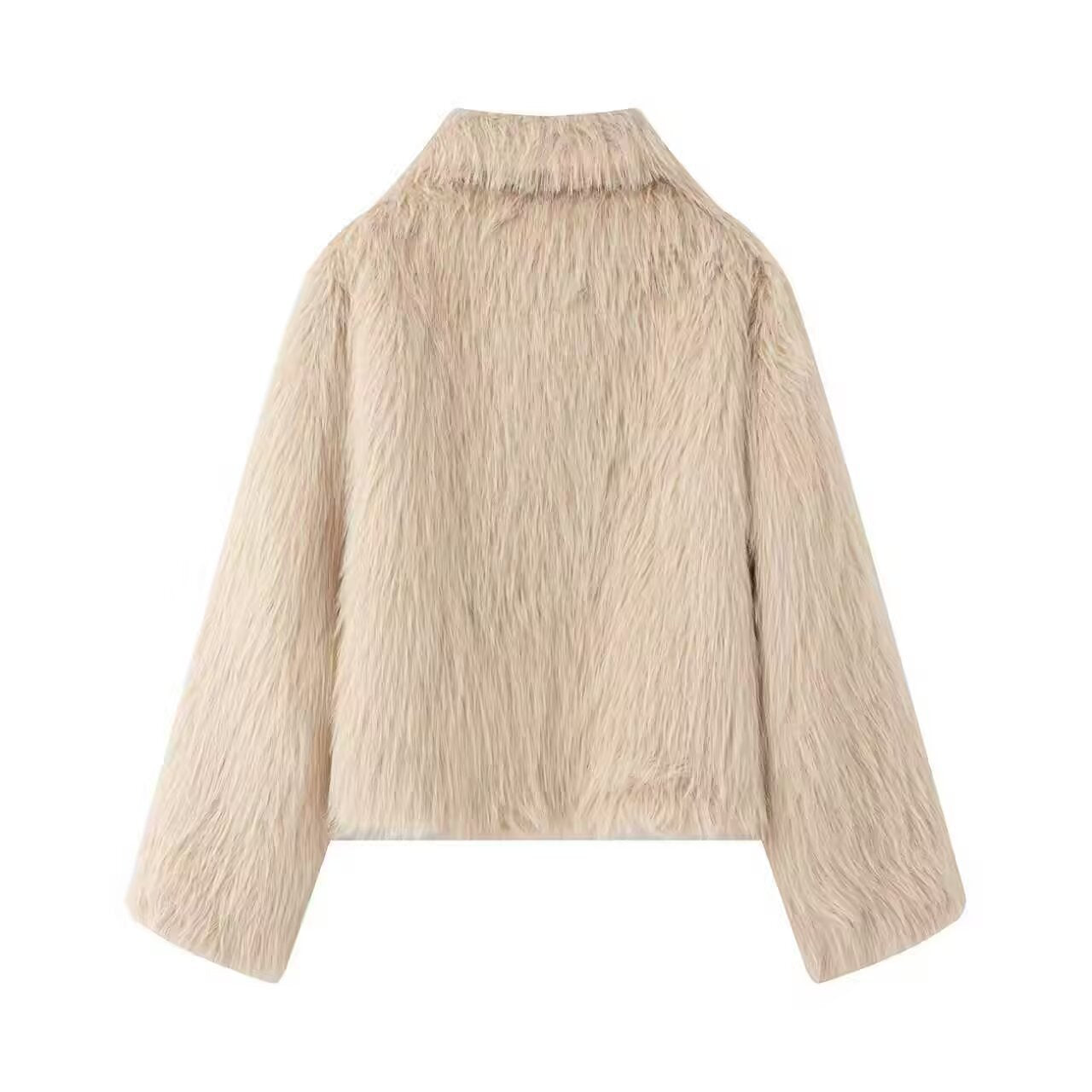Women Short Faux Fur Cropped Jacket with Voluminous Shawl Collar and Front Zipper Chichicherry
