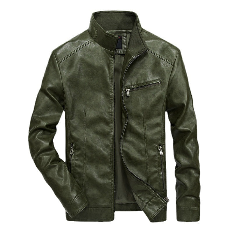 Men's faux leather motorcycle jacket in slim fit with high closing stand-up collar and diagonal chest zipper Chichicherry