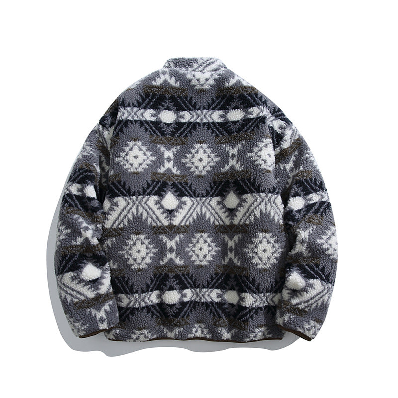 Unisex teddy fleece jacket in tribal pattern with stand-up collar and continuous zipper Chichicherry