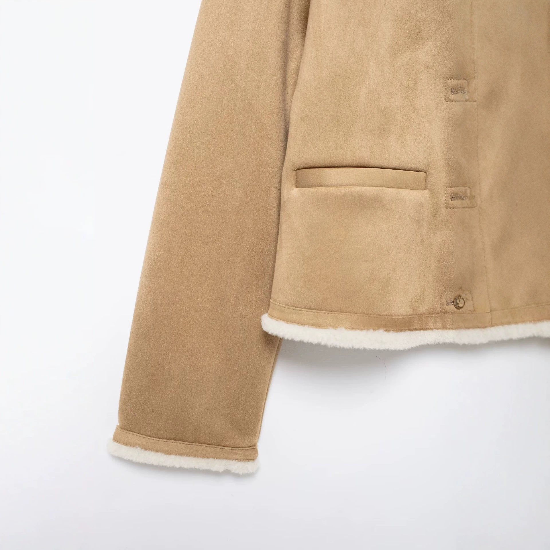 Women's Short Lambskin Look Cardigan Jacket made of Velour Imitation with Round Neck and Snap Buttons Chichicherry