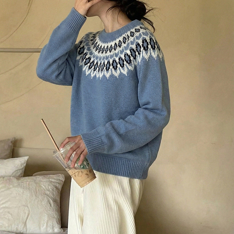 Women's Round Neck Sweater with Jacquard Yoke and Relaxed Fit Chichicherry