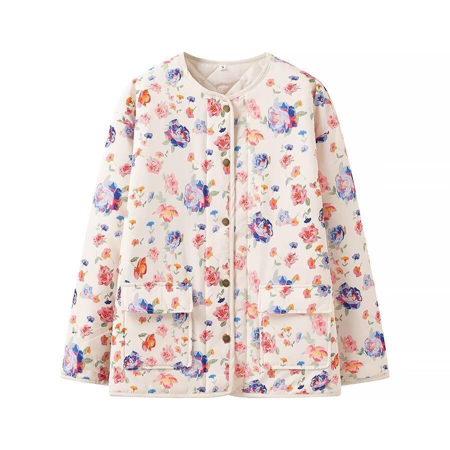 Women's Quilted Transitional Jacket with Round Neckline, Snap Button Closure and Patch Pockets Chichicherry