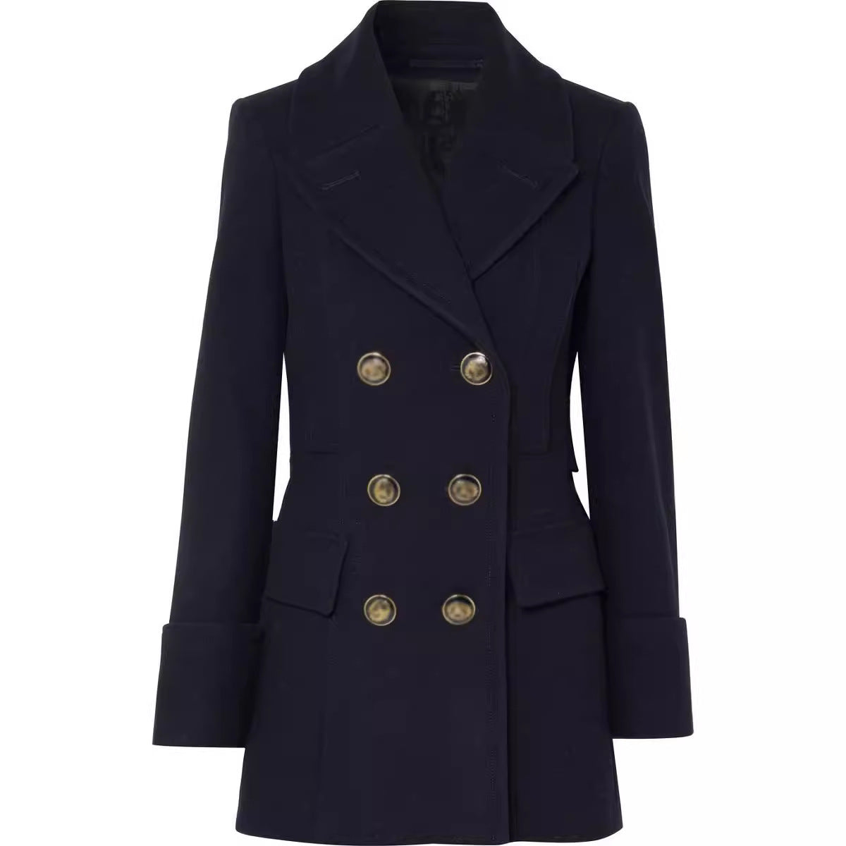 Women Elegant tailored midi-length double-breasted blazer coat with distinctive shoulder and decorative round buttons Chichicherry