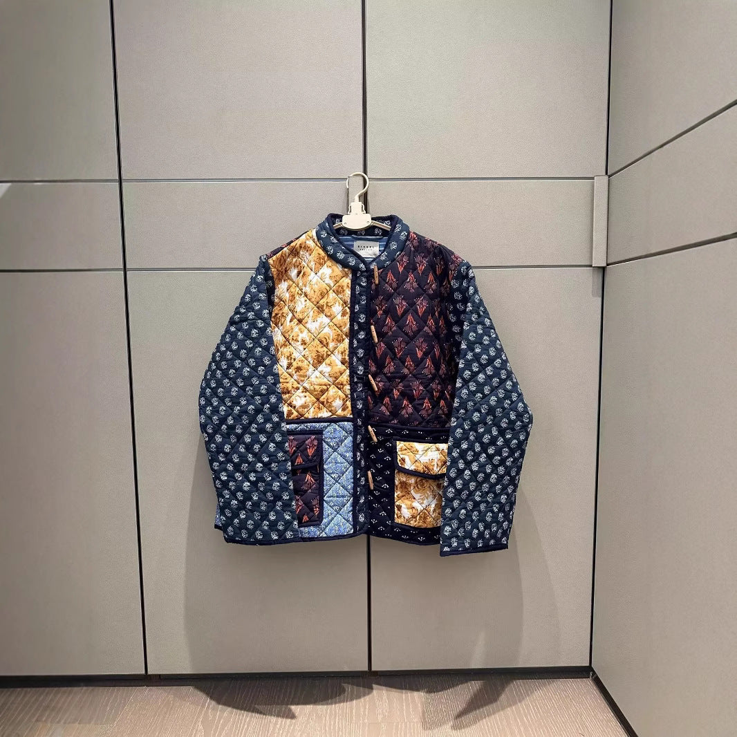 Women Padded Patchwork Quilted Jacket with Toggle Closures and Patch Pockets Chichicherry