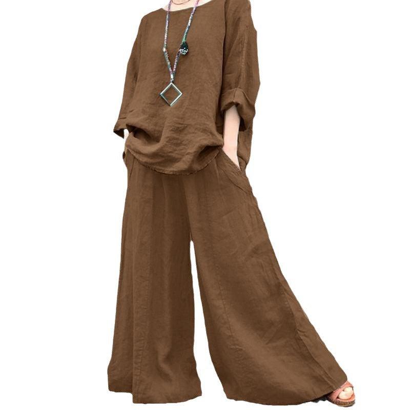 Women's Airy Linen Lounge Set with Boxy Tunic and Extra Wide Palazzo Pants Chichicherry