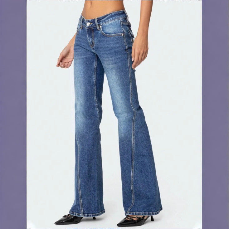 Ladies High-Waisted Vintage Flared Jeans with Slim Hip Section and Vertical Seam Chichicherry
