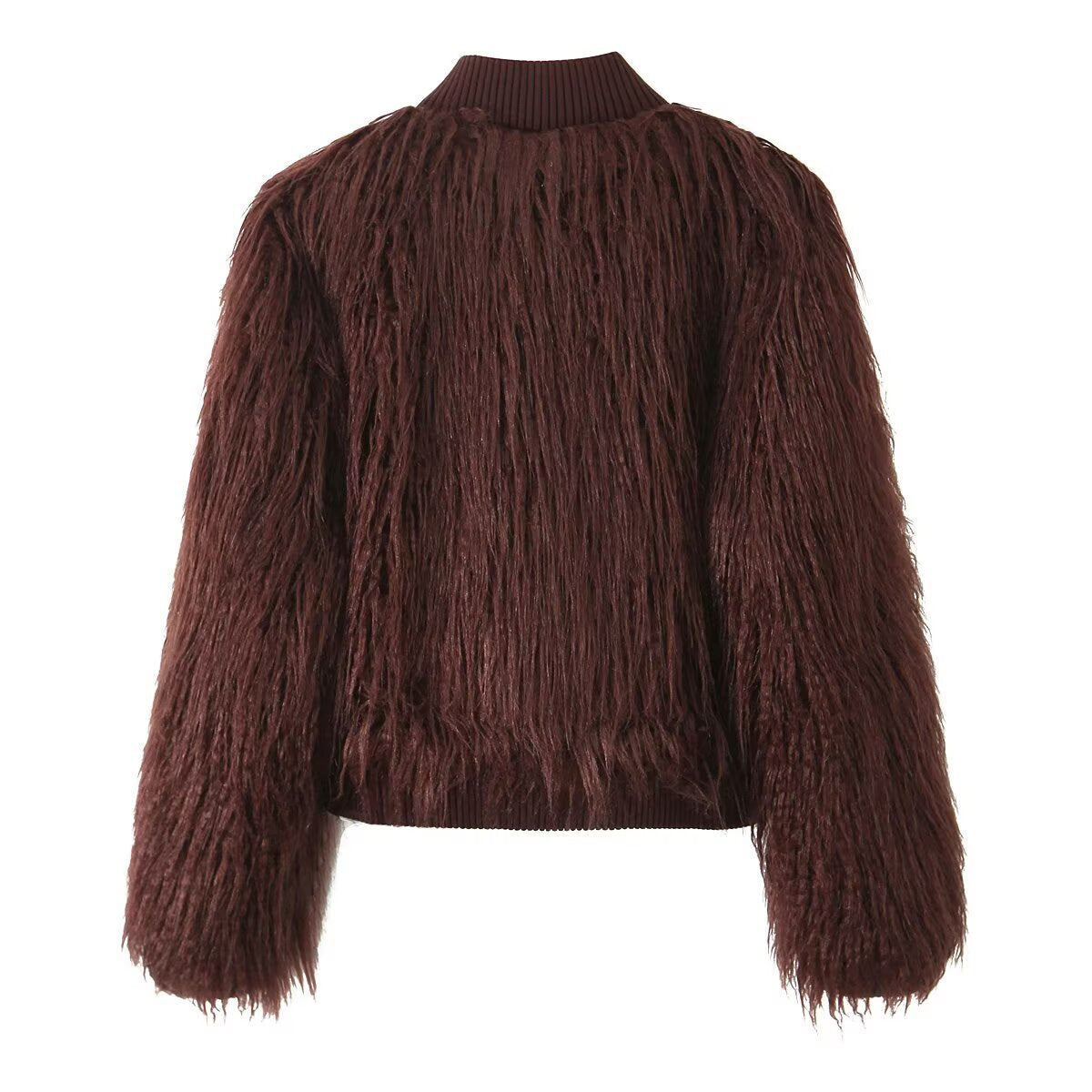 Women Short Cut Shaggy Faux Fur Cardigan with Ribbed Collar and Button Placket Chichicherry