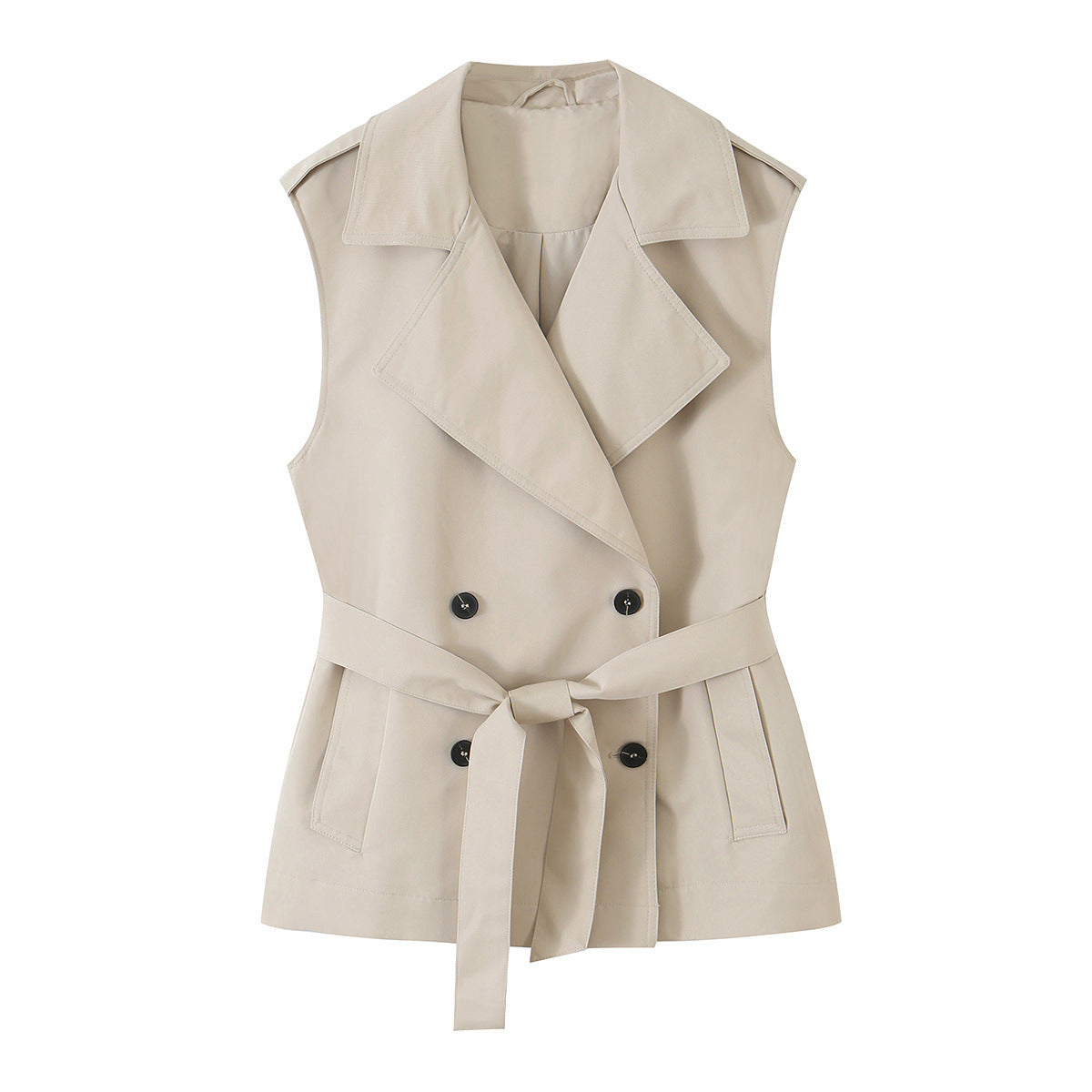 Women's Sleeveless Double-Breasted Trench Vest with Notched Lapel and Waist Belt Chichicherry