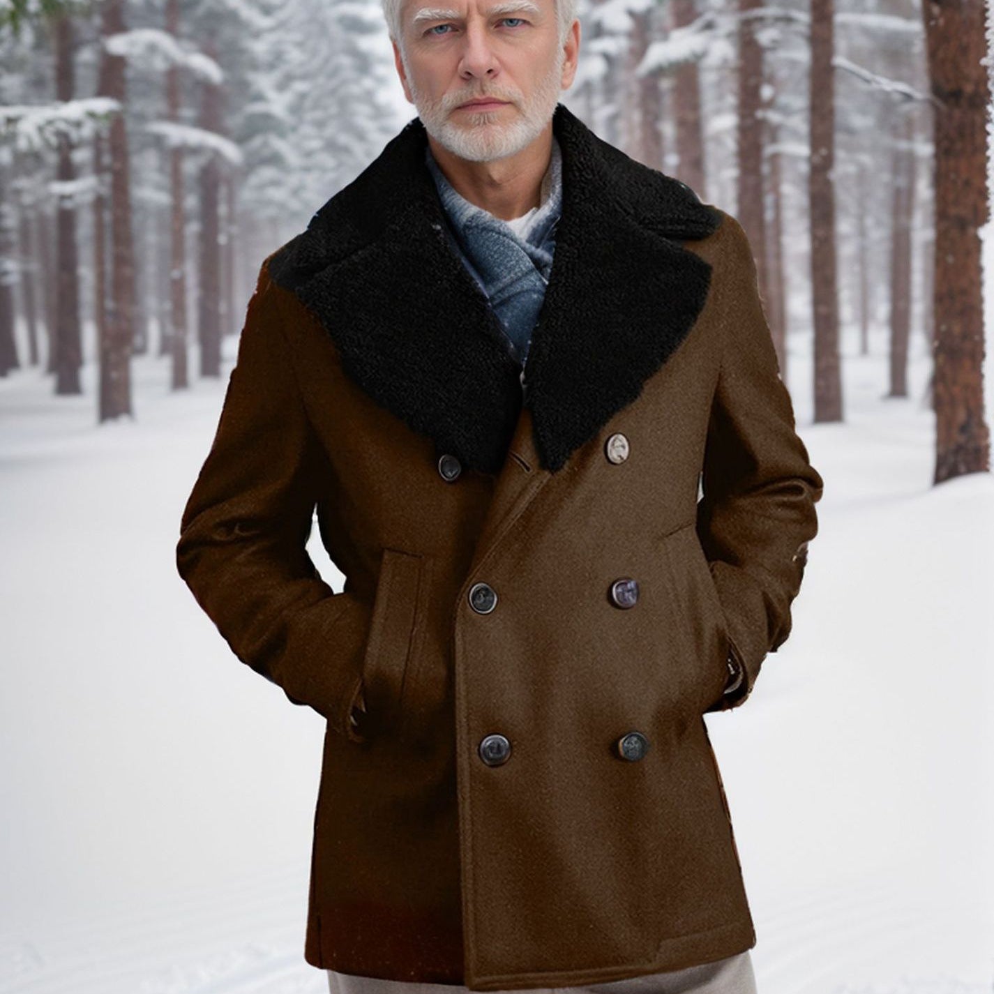 Men's short coat in pea coat style made of wool blend with voluminous teddy collar and side pockets Chichicherry