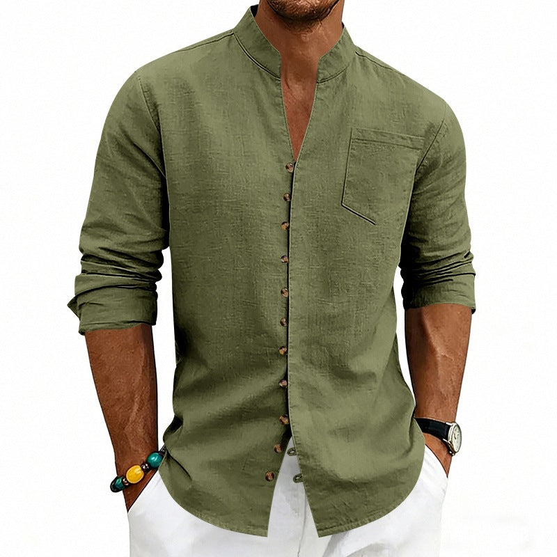 Men's shirt with stand-up collar and asymmetrical button placket made of linen mix Chichicherry