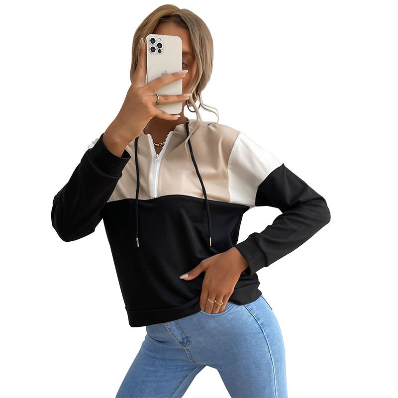 Women's hooded pullover with half zipper, color block design and drawstring Chichicherry
