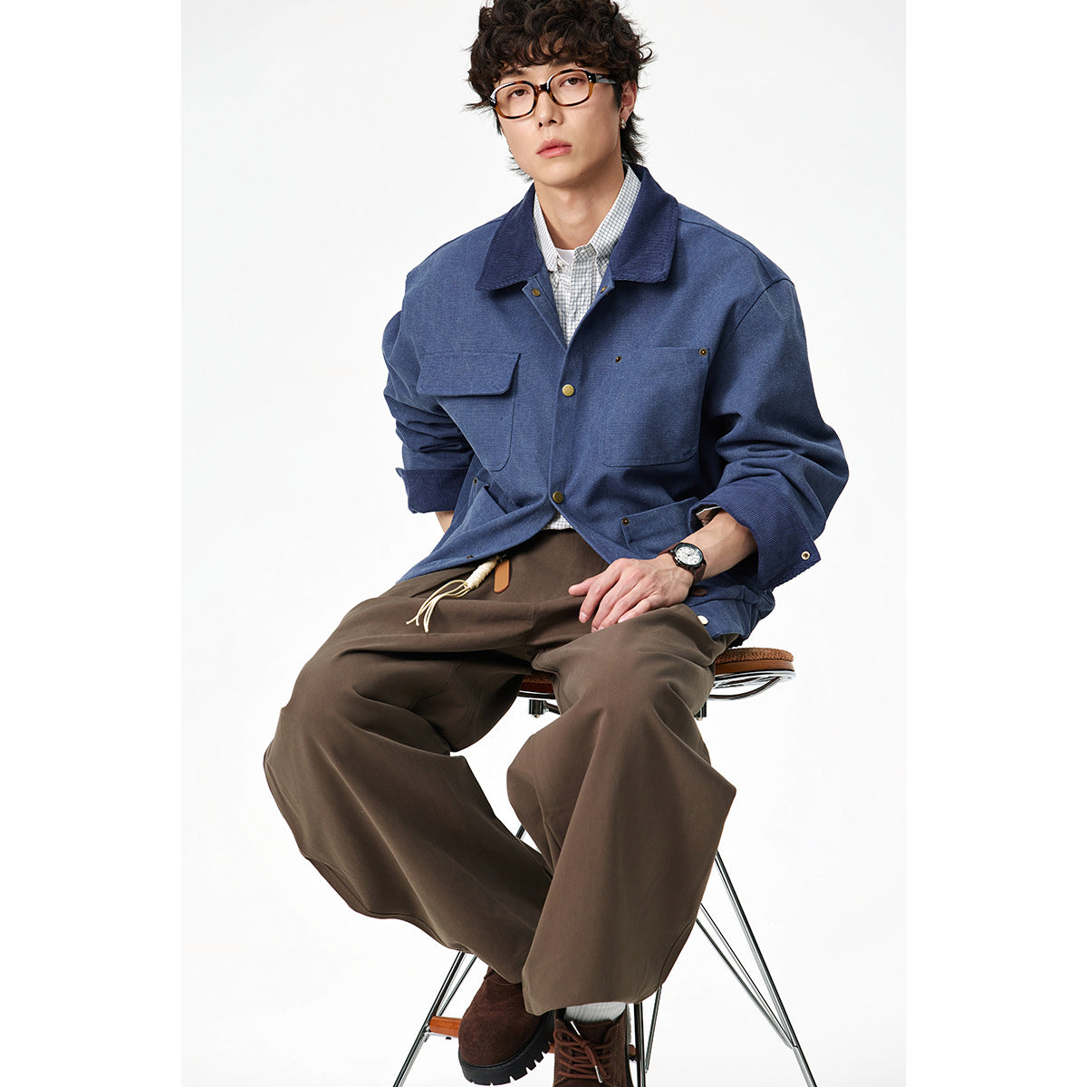 Unisex Short Cut Canvas Field Jacket with Cord Collar and Four Patch Pockets Chichicherry