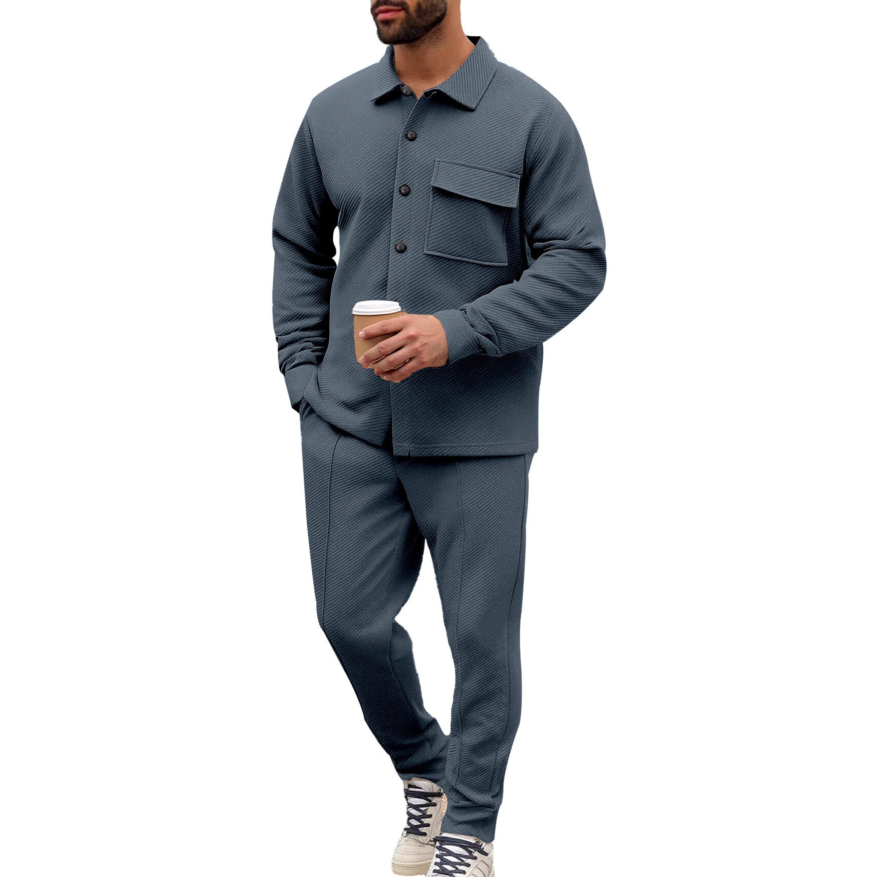 Men's Comfort Two-Piece Waffle Structure Shirt Jacket with Flap Pocket and Relaxed Cuff Pants Chichicherry