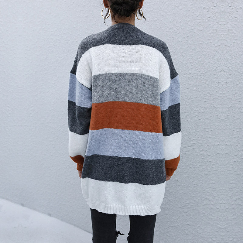 Women's oversized cardigan with wide block stripes, open front & casual shoulder drop