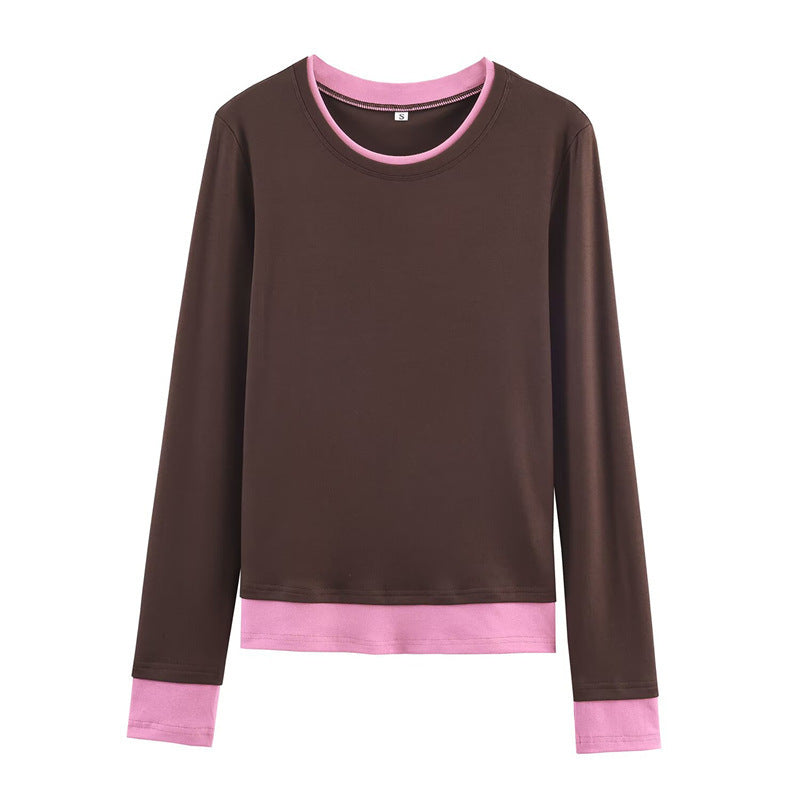Women's long-sleeve shirt in layered look with contrast cuffs and round neckline Chichicherry