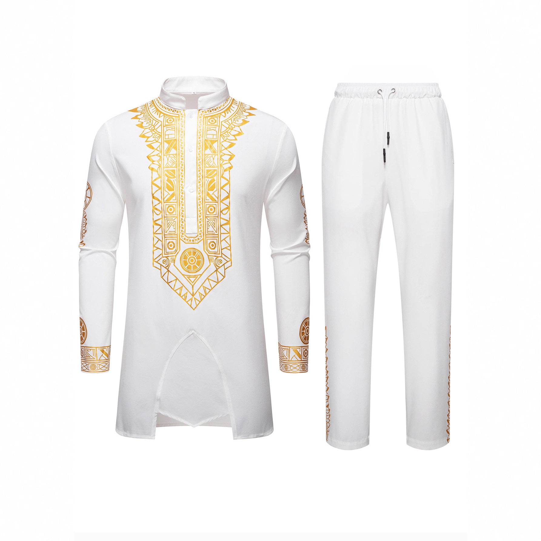 Men's Traditional Long Sleeve Kurta Set with Stand Collar, Gold Ornament Print and Drawstring Pants Chichicherry