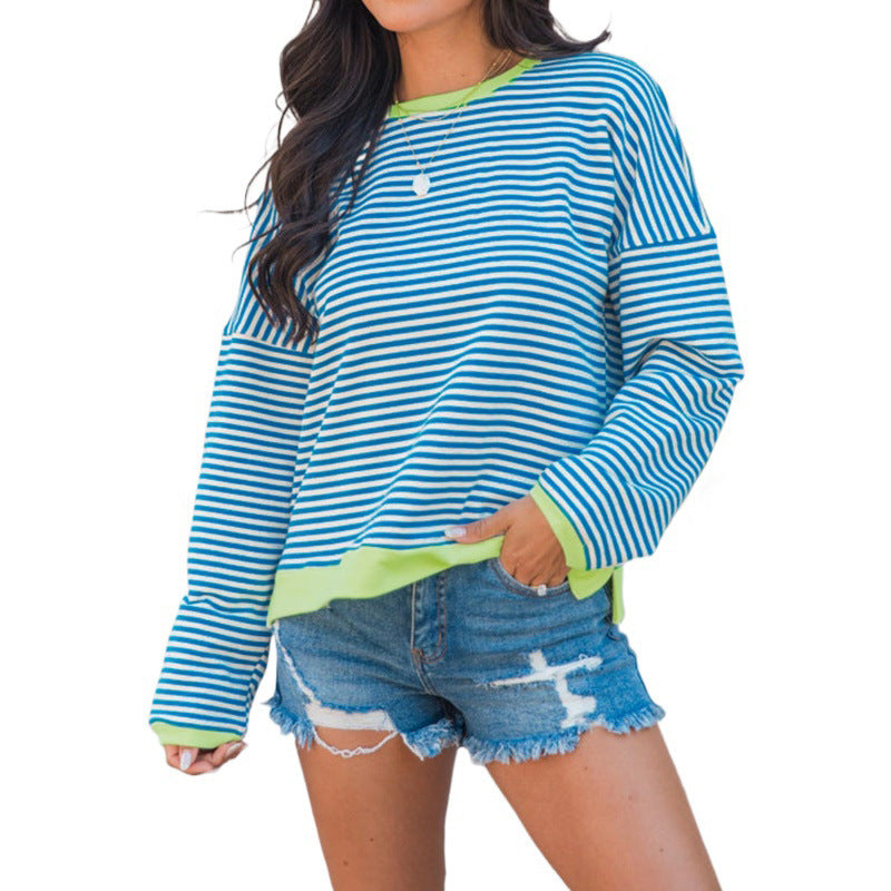 Women's Striped Oversize Long Sleeve Sweatshirt with Contrasted Hem and Dropped Shoulder Chichicherry
