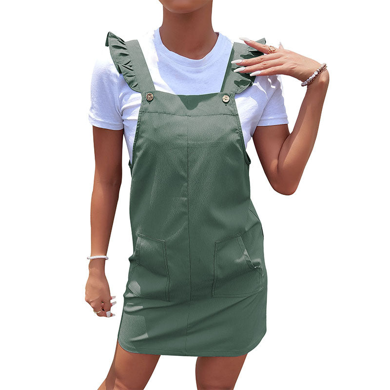 Women's dungaree mini dress with ruffled straps, patch pockets, and casual summer fit Chichicherry