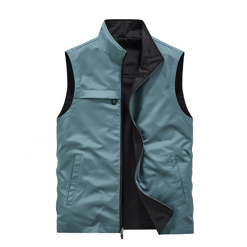 Men's Sleeveless Softshell Utility Vest with High Stand Collar, Two-Way Zipper and Concealed Pockets