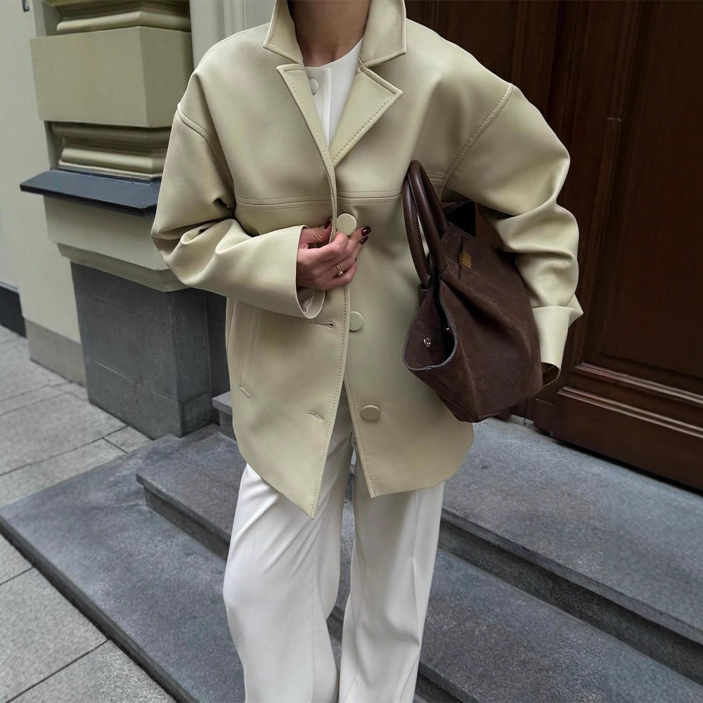 Women Boxy Oversized Blazer Jacket made of vegan leather imitation with dropped shoulder Chichicherry
